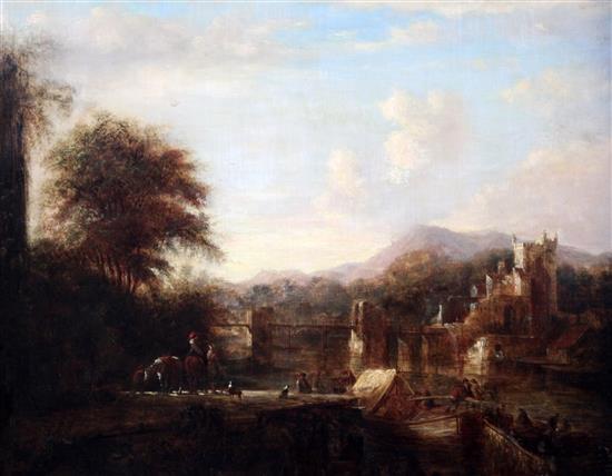 19th century English School Boatman beside a river, a castle beyond, 19 x 24in.